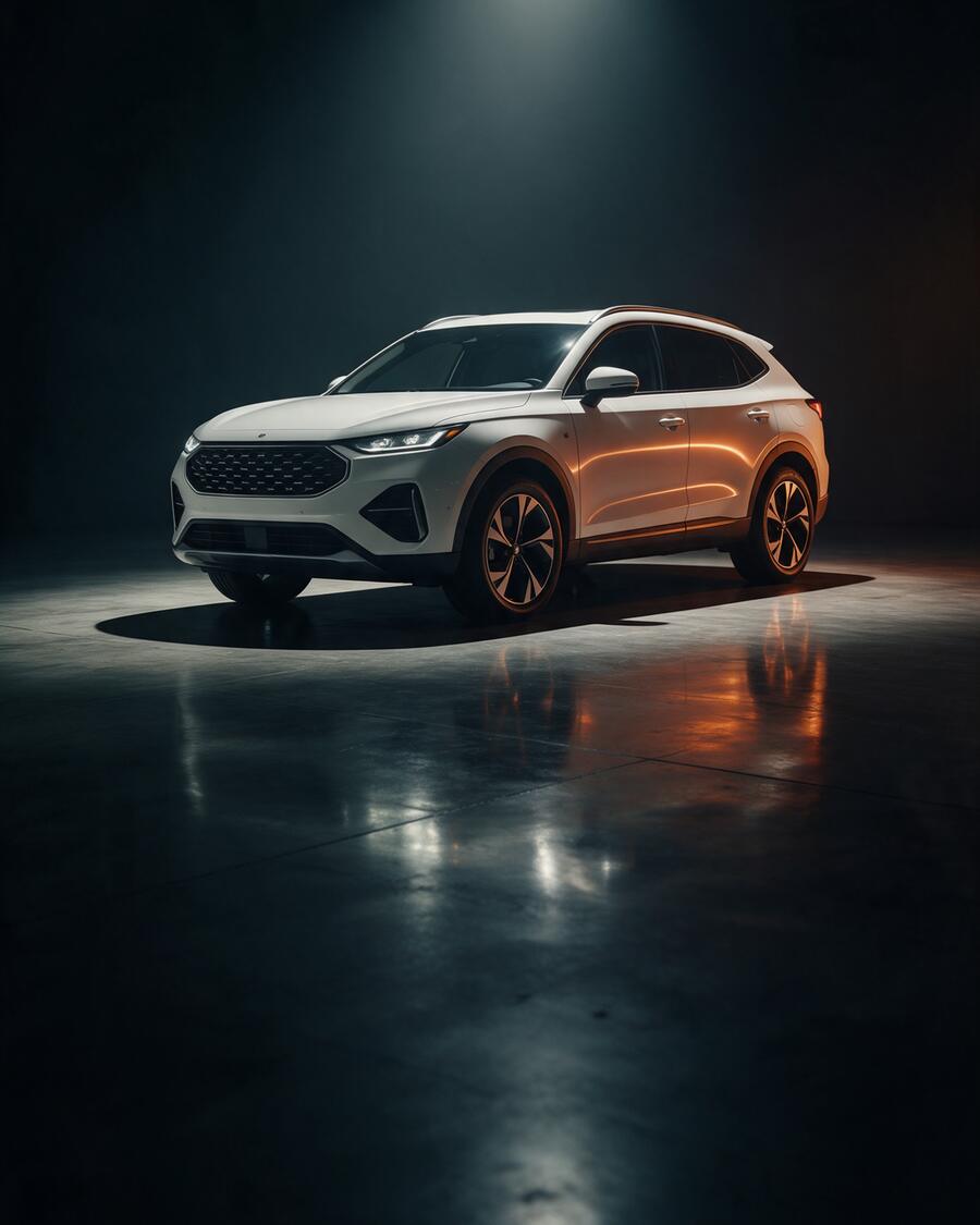 SUV blanca en exhibición bajo un foco de luz en el showroom