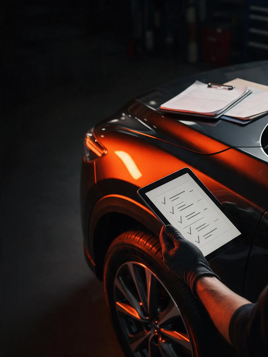 Tablet con lista de verificación sobre un carro, revisión paso a paso