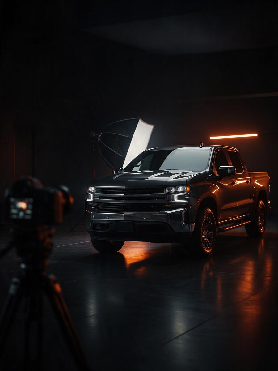 Camioneta oscura en un estudio de fotografía listo para publicar su venta