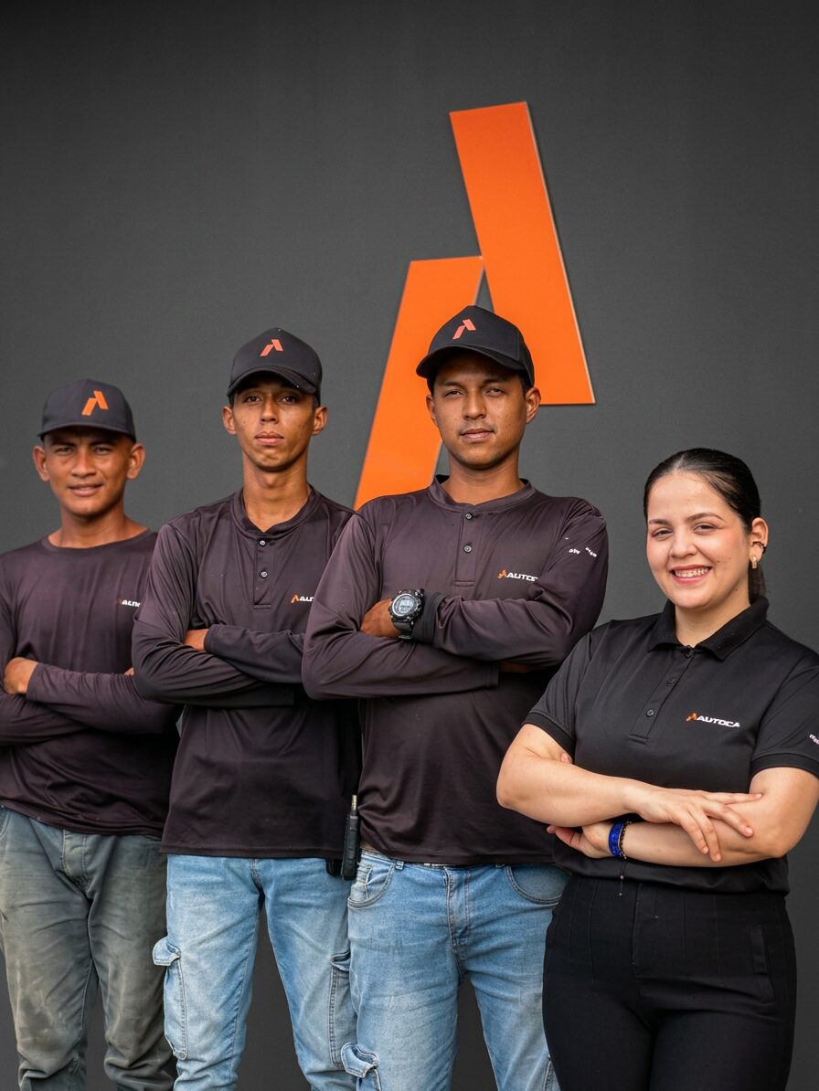 El equipo AUTOCA posando frente al logotipo de la marca